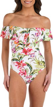 La Blanca Polynesian Ruffle Off the Shoulder One-Piece Swimsuit