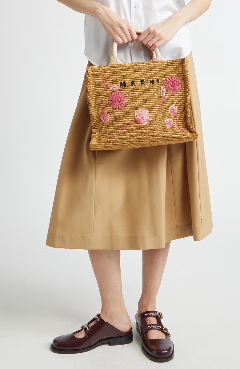 Marni Small Floral Embroidered Logo Raffia Tote, Alternate, color, 278 - Natural