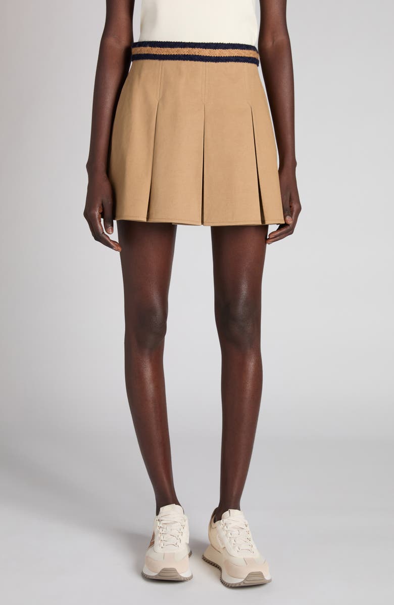 Moncler Pleated Cotton Stretch Gabardine Miniskirt, Main, color, Beige