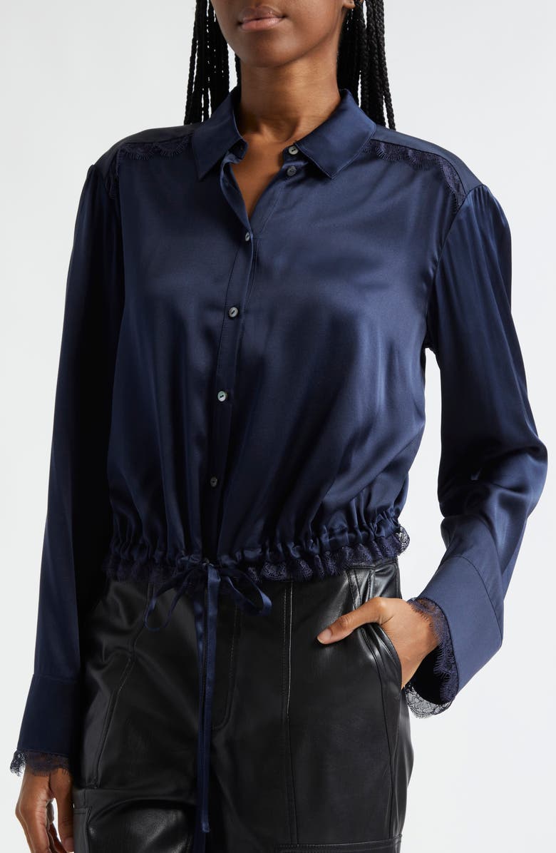 Cinq à Sept Mabyn Drawstring Waist Silk Button-Up Shirt, Alternate, color, Navy