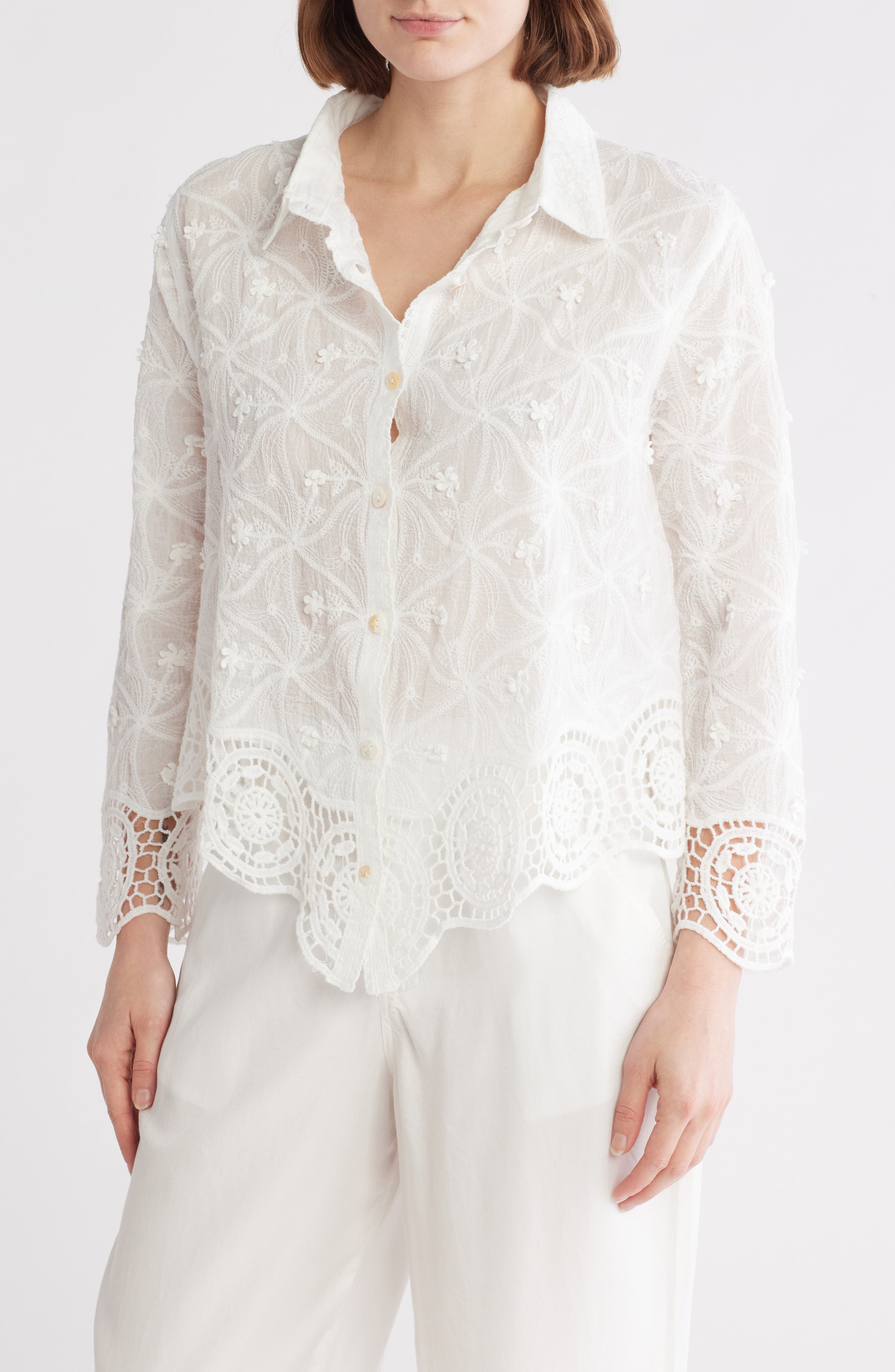 Forgotten Grace Floral Embroidered Cotton Button-Up Shirt
