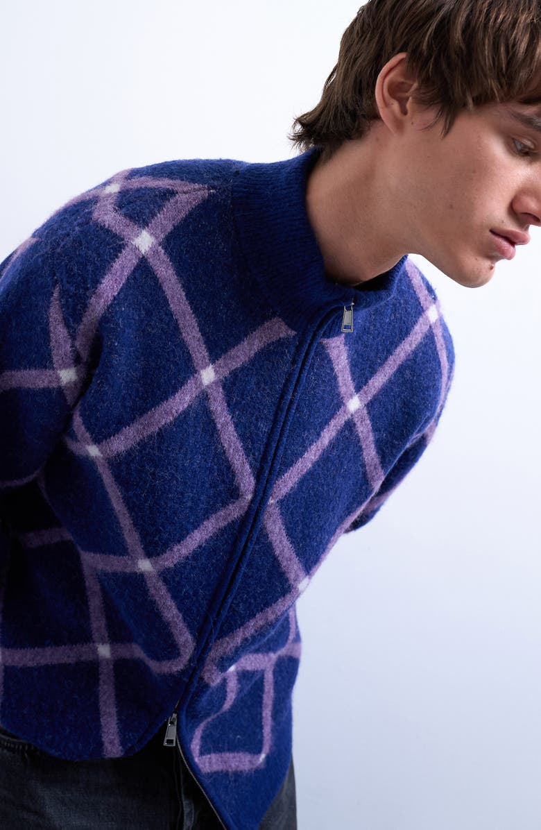 Topman Argyle Zip Cardigan, Alternate, color, Blue Multi