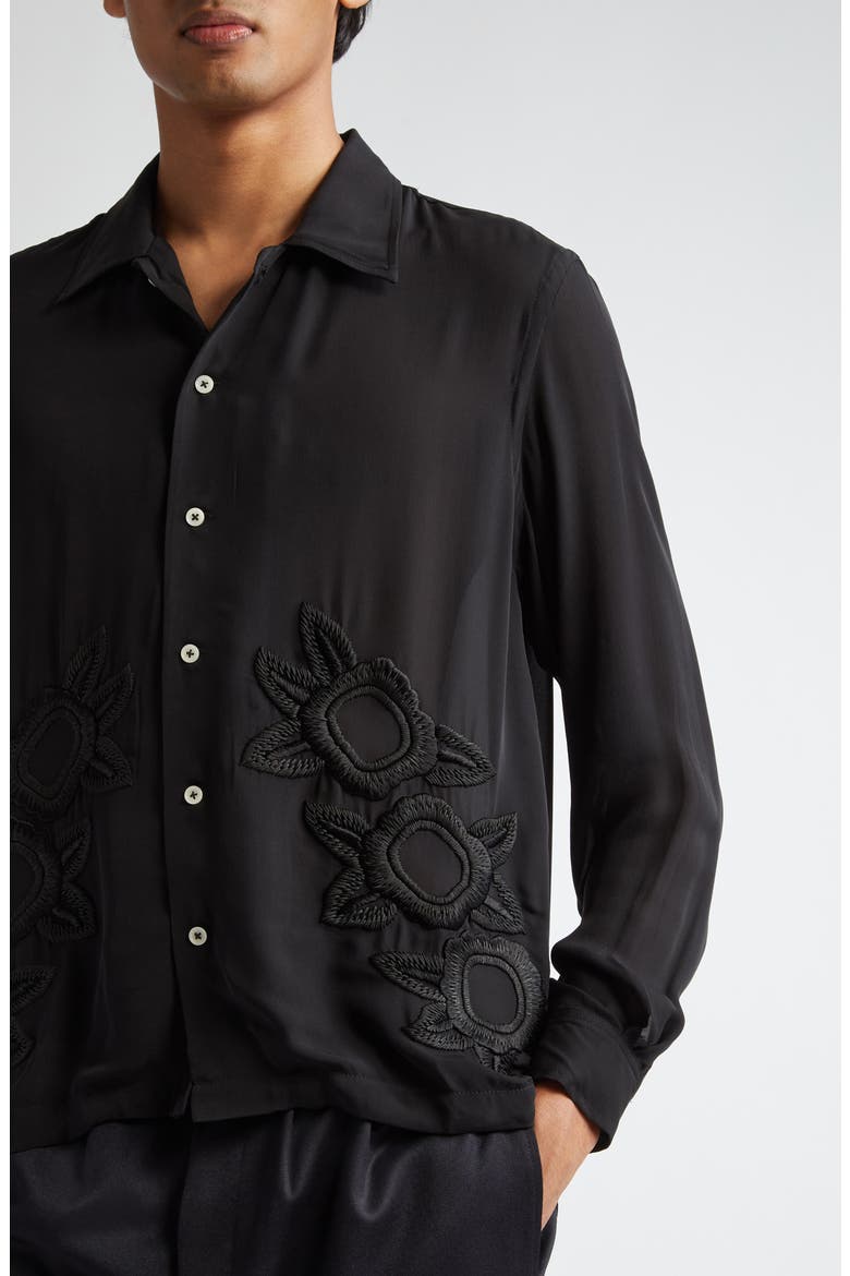 Midnight Daffodil Long Sleeve Silk Button-Up Shirt, Alternate, color, BLACK