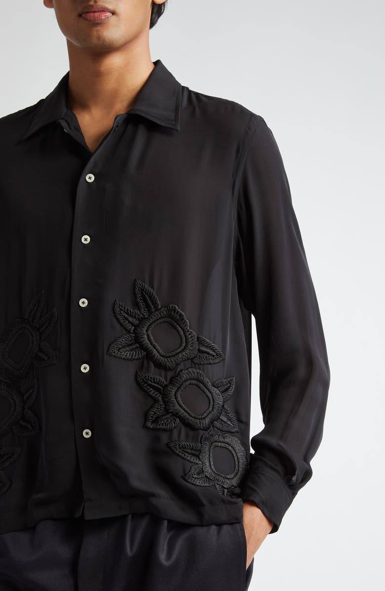 Bode Midnight Daffodil Long Sleeve Silk Button-Up Shirt, Alternate, color, Black