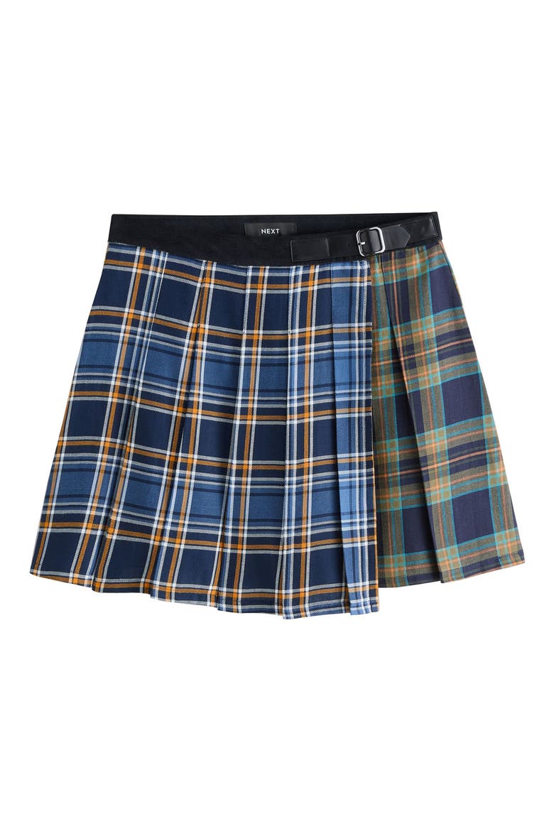 Mixed Plaid Pleated Cotton Faux Wrap Miniskirt, Alternate, color, BLUE