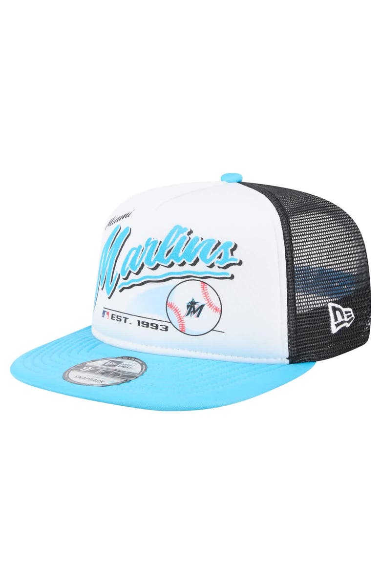 New Era Men's New Era White/Blue Miami Marlins Retro Script Trucker 9FIFTY Snapback Hat, Main, color, White