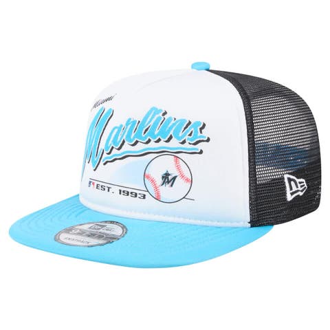 Men's New Era White/Blue Miami Marlins Retro Script Trucker 9FIFTY Snapback Hat