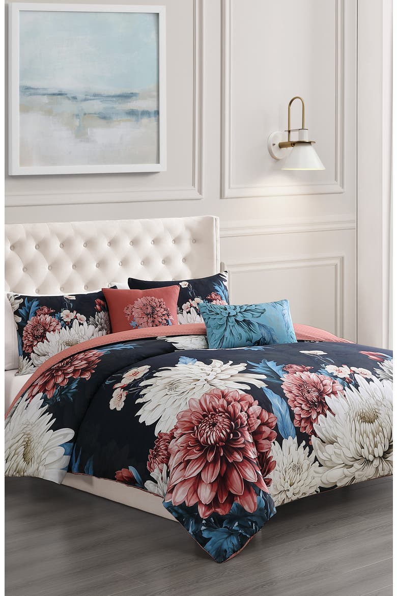 Navy Mums Reversible 5-Piece Comforter Set, Alternate, color, BLUE
