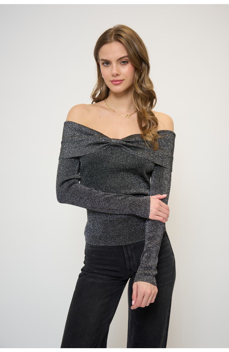 Central Park West Colette Ribbed Lurex Off The Shoulder Sweater, Main, color, Black