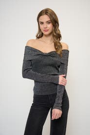 Central Park West Colette Ribbed Lurex Off The Shoulder Sweater