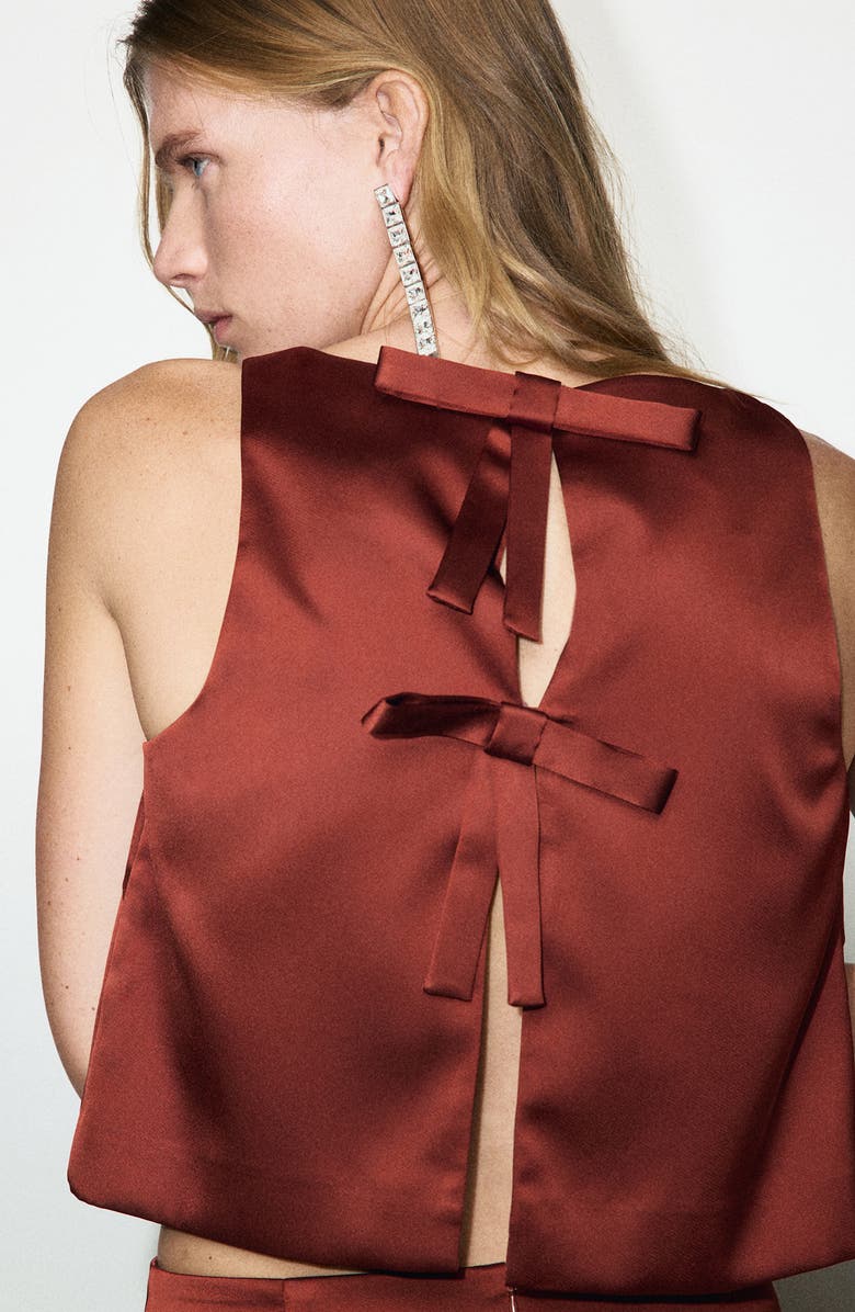 MANGO Jackie-O Bow Back Sleeveless Crop Satin Top, Alternate, color, Russet