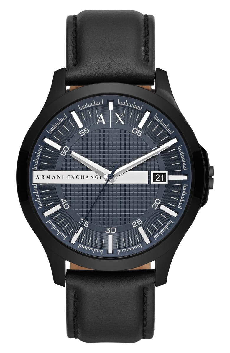 AX Armani Exchange Quartz Leather Strap Watch, 46mm, Main, color, Black