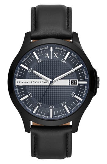 Armani Exchange Ax Quartz Leather Strap Watch, 46mm In Black