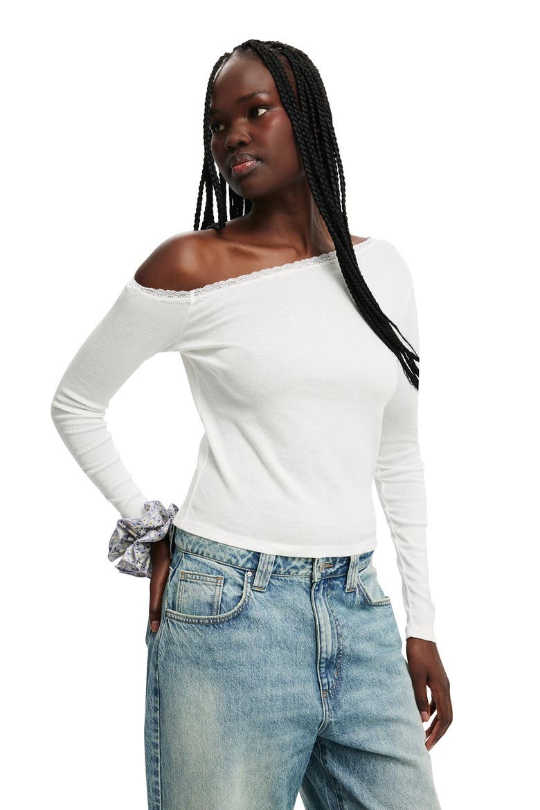 Clare Lace Trim Off The Shoulder Long Sleeve, Main, color, Vintage White