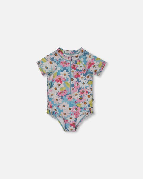 Girl's Printed Short Sleeve One-Piece Swimsuit With Frills White, Pink, And Green Flowers