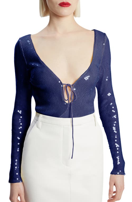 Bardot Verona Sequin Long Sleeve Bodysuit In Navy