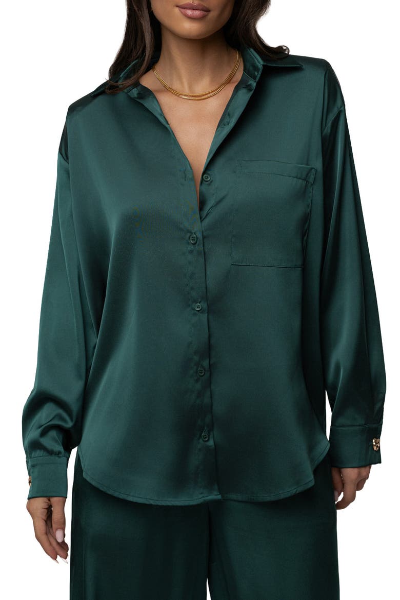 Island Ease Collared Satin Top, Main, color, Emerald