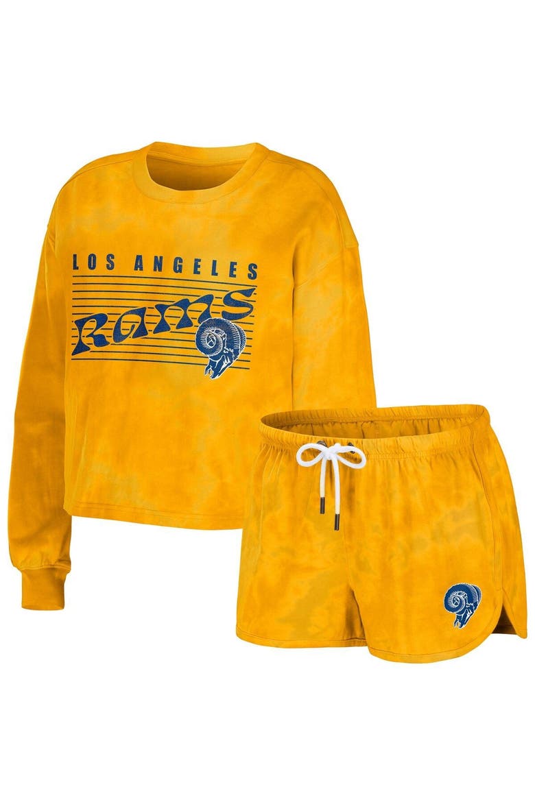 Women's WEAR by Erin Andrews Gold Los Angeles Rams Tie-Dye Cropped Pullover Sweatshirt & Shorts Lounge Set, Main, color, Gold