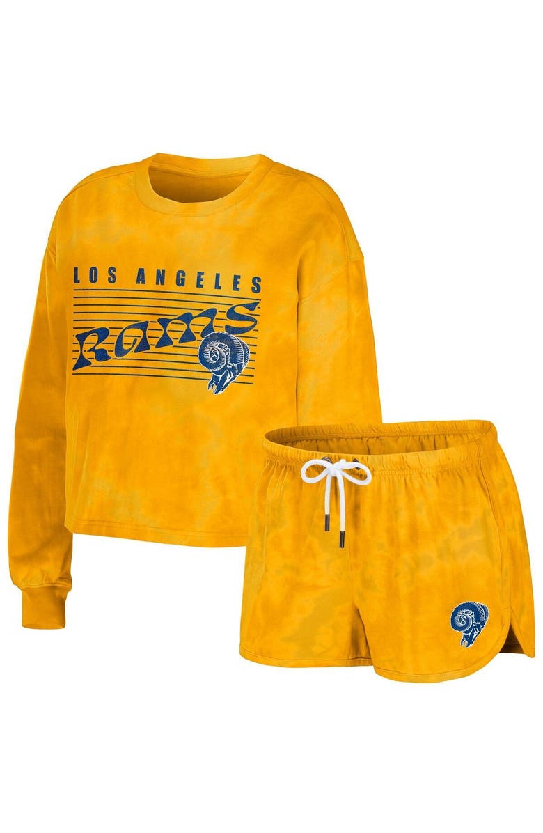 WEAR by Erin Andrews Women's WEAR by Erin Andrews Gold Los Angeles Rams Tie-Dye Cropped Pullover Sweatshirt & Shorts Lounge Set, Main, color, 