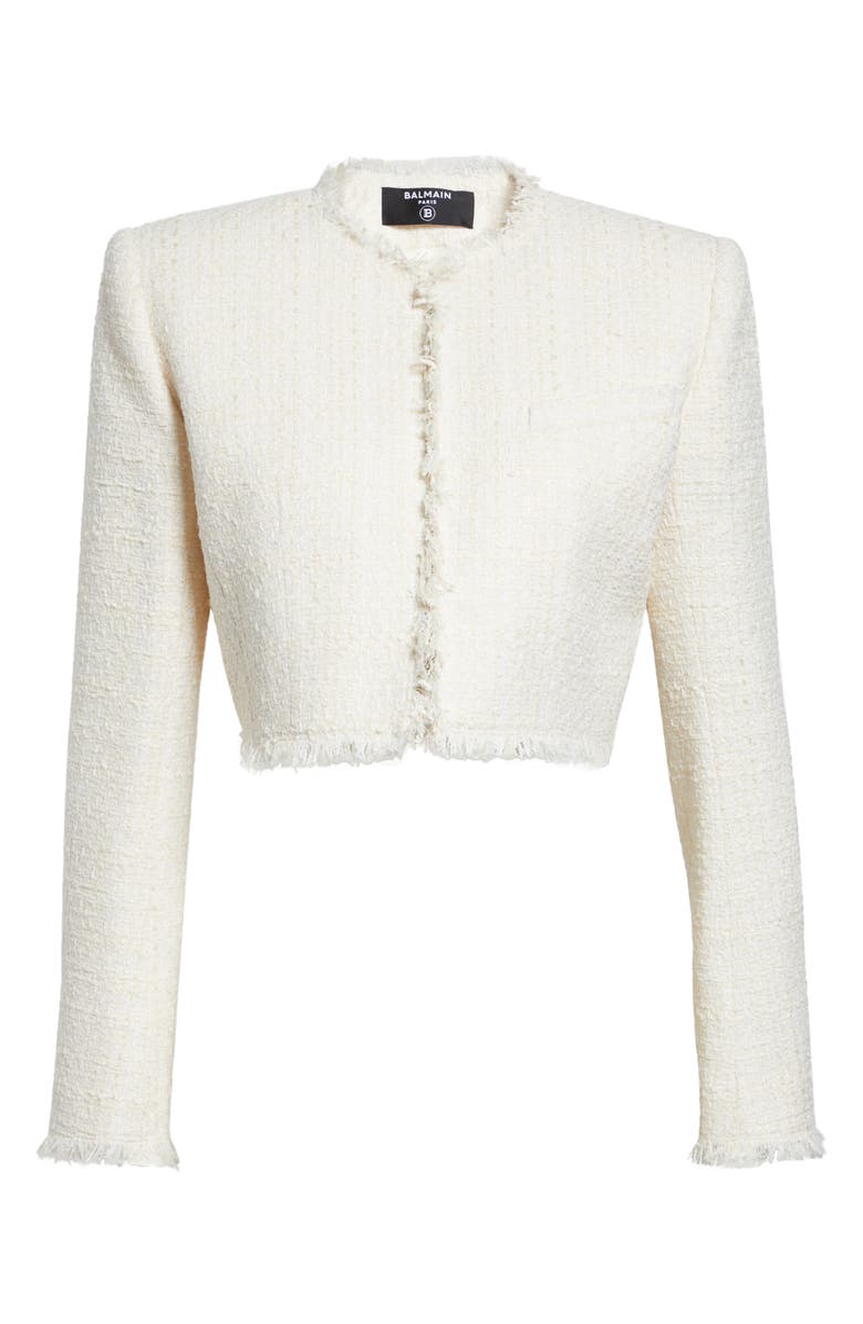 Balmain Crop Tweed Spencer Jacket, Main, color, 0Fa White