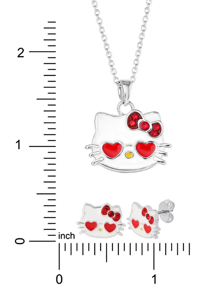 Hello Kitty® Cubic Zirconia & Enamel Pendant Necklace & Stud Earrings Set, Alternate, color, RED AND SILVER