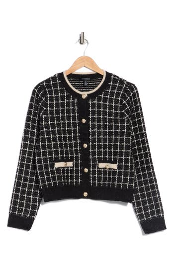 Ellen Tracy Plaid Stitch Cardigan In Black