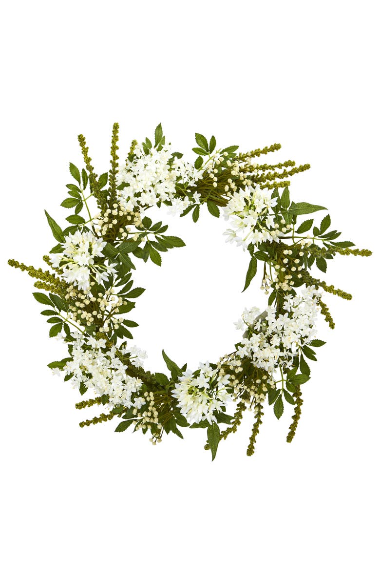 NEARLY NATURAL 24-in White Mixed Floral Artificial Wreath, Main, color, White