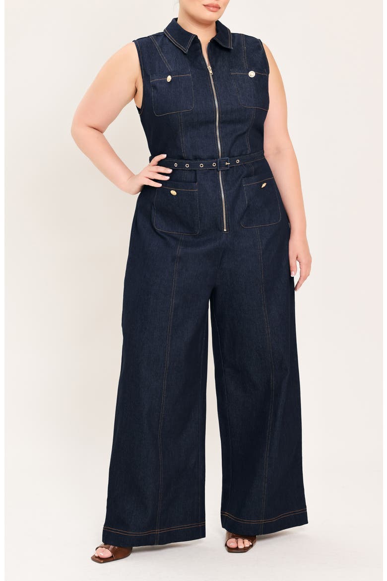 Zip Front Wide Leg Denim Jumpsuit, Alternate, color, DARK DENIM