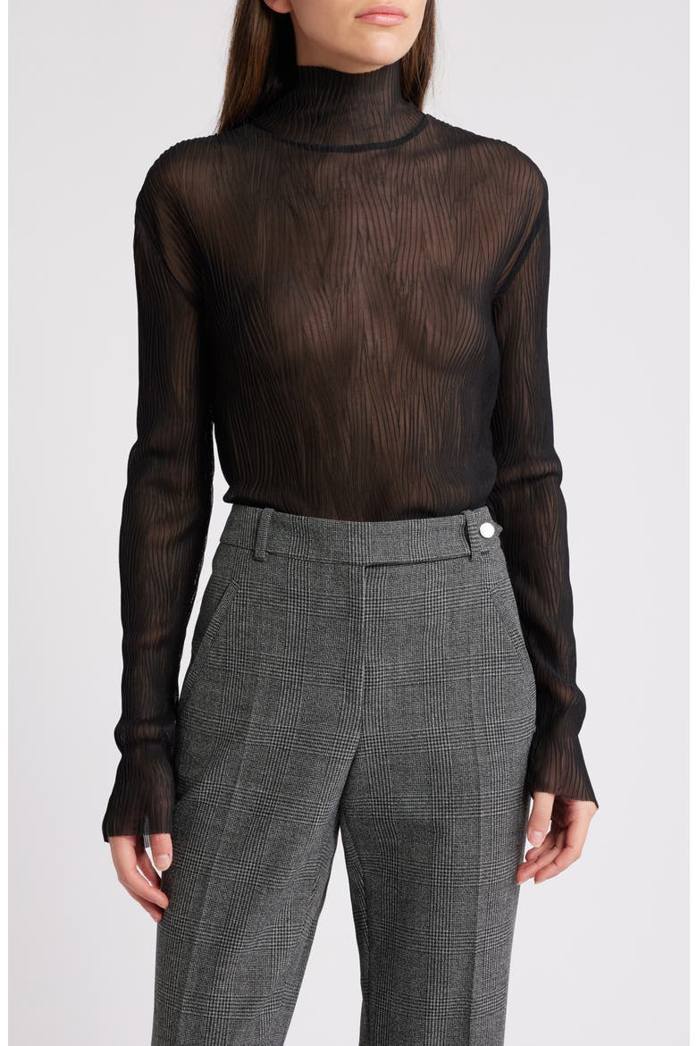 Emata Plissé Tulle Mock Neck Top, Main, color, BLACK
