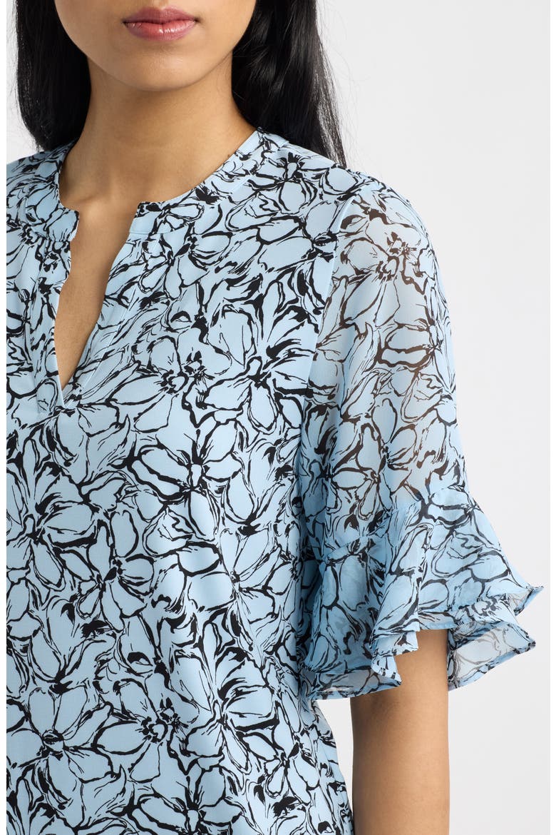 Ruffled Cuff Elbow Sleeve Split Neck Top, Alternate, color, OPAL BLUE/ ANNE BLACK