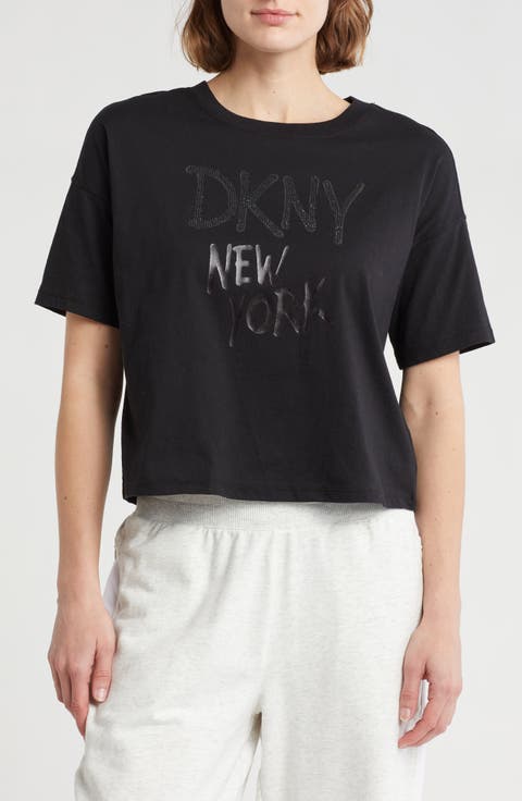 売れ筋商品|||ダナ キャラン ニューヨーク カットソー トップス レディース Women's Mini Stud Logo Short Sleeve Cropped Top Black ダナ キャラン ニューヨーク レディース カットソー トップス