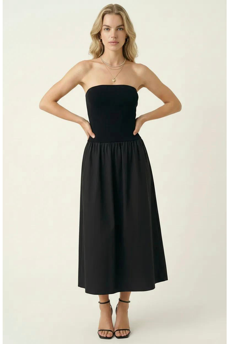 Strapless Smocked Bodice Midi Dress with Flowy Skirt and Pockets, Alternate, color, Black