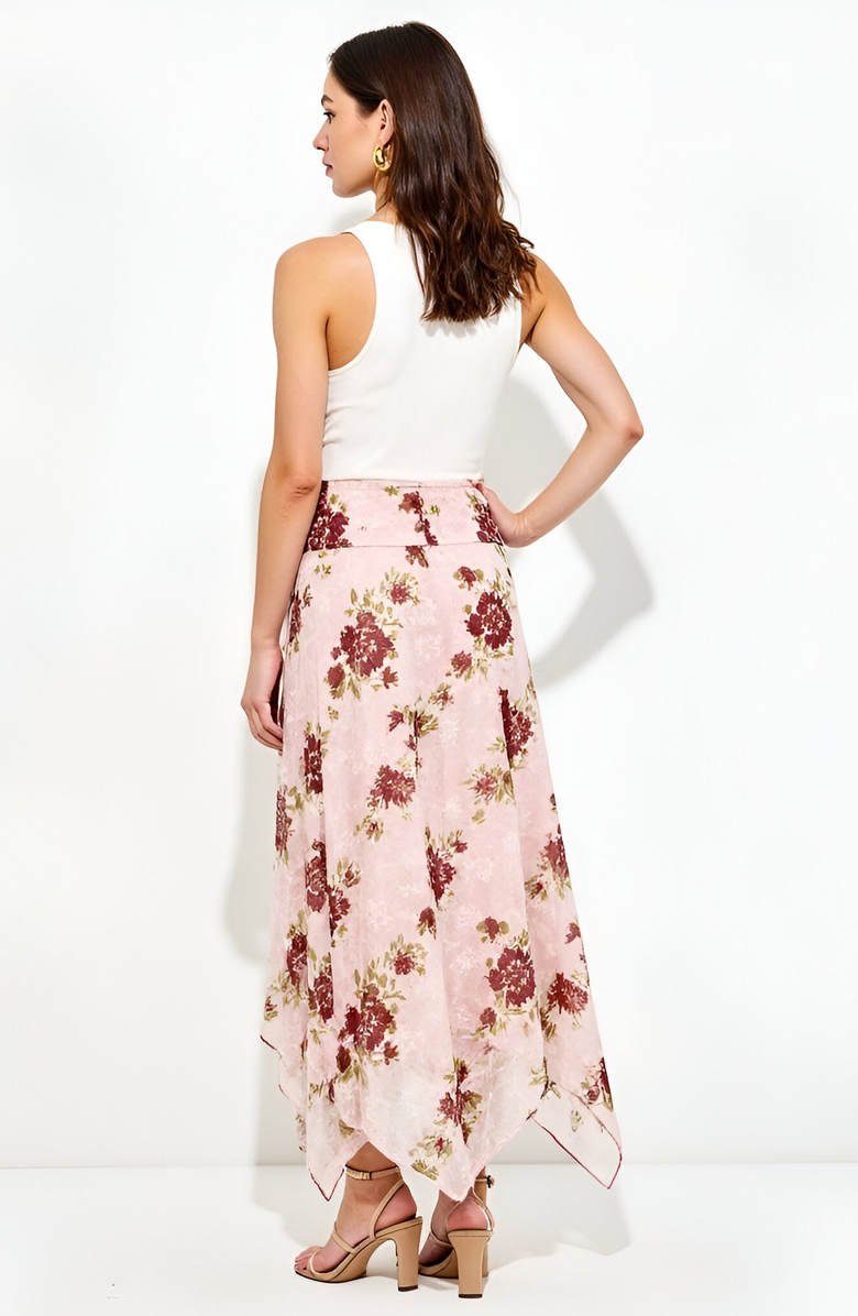 Modenaire Floral Handkerchief Hem Midi Skirt, Alternate, color,