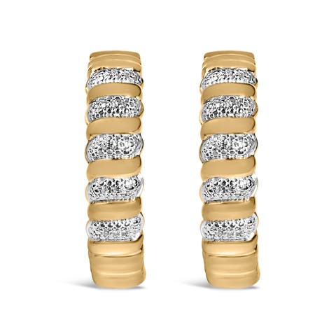 Gold Vermeil 1/10 Cttw Diamond Ribbed Design Hoop Earrings