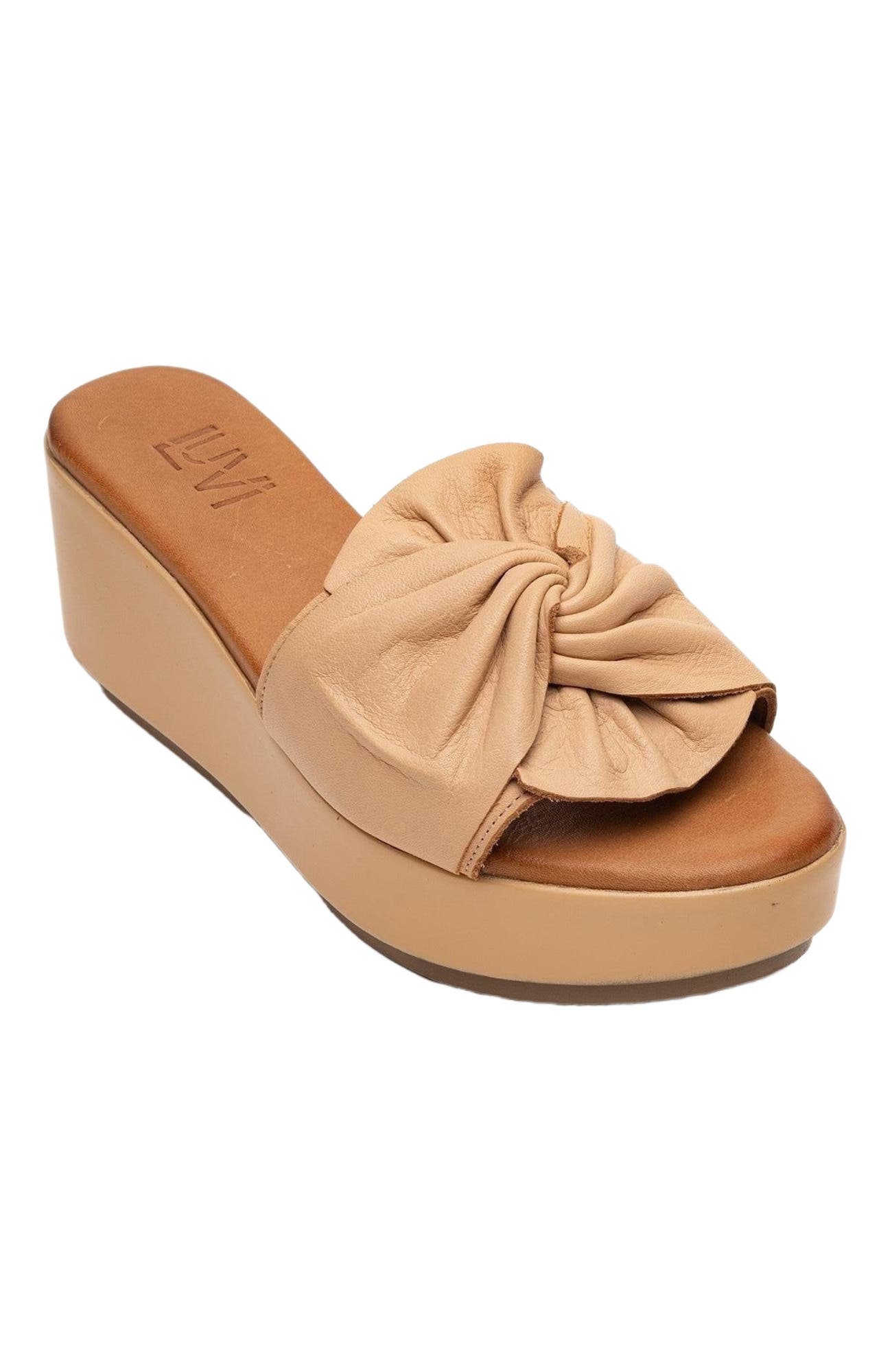 Syndra Bow Wedge Leather Sandal, Alternate, color, Dark Beige Leather