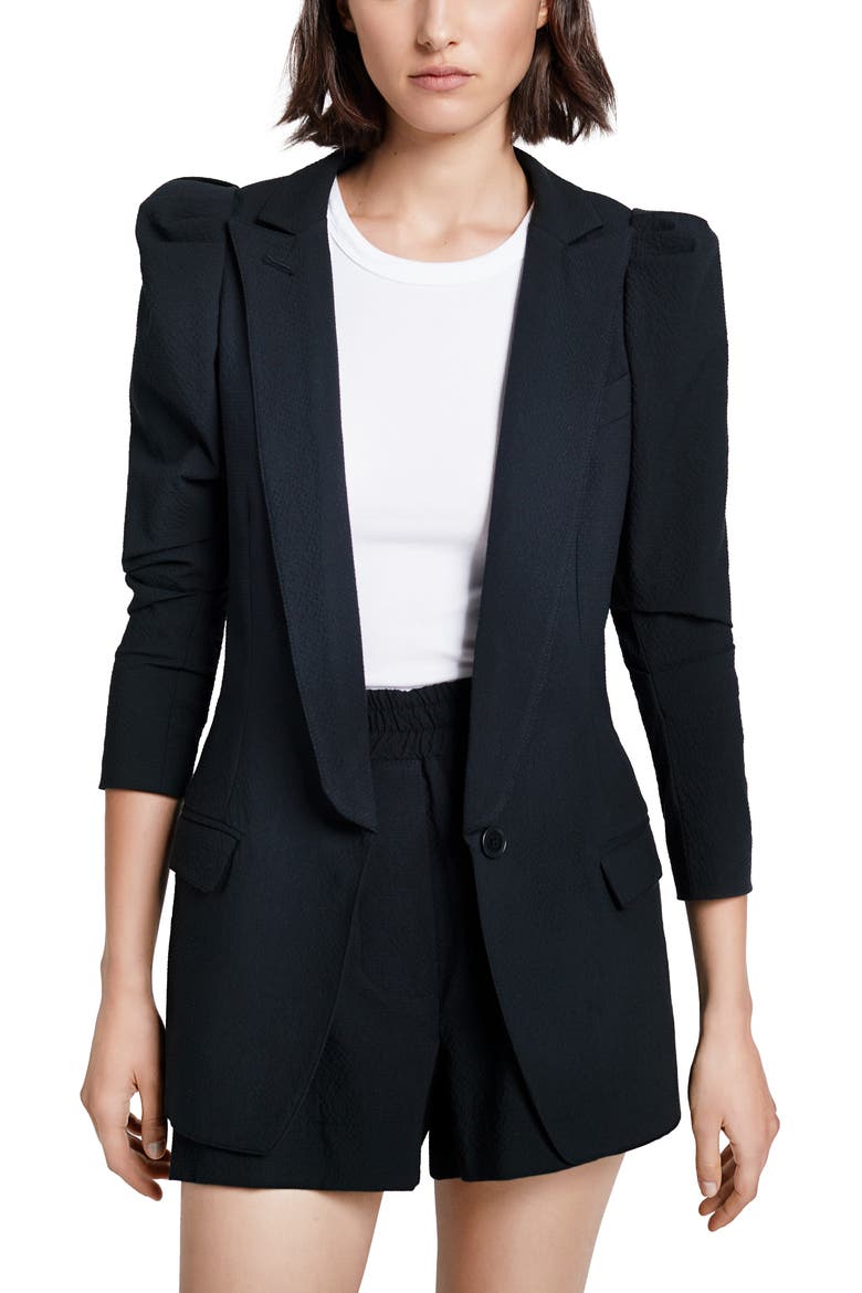 Scrunch Sleeve Blazer, Main, color, BLACK SEERSUCKER