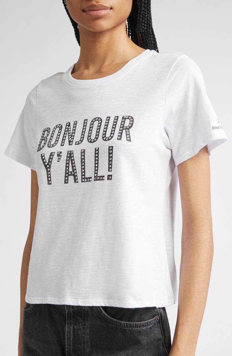 Cinq à Sept Bonjour Yall Embellished Shrunken Cotton T-Shirt, Alternate, color, 