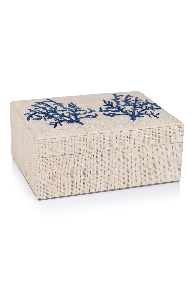 Coral Lagoon Raffia Box, Main, color, BEIGE/ NAVY BLUE