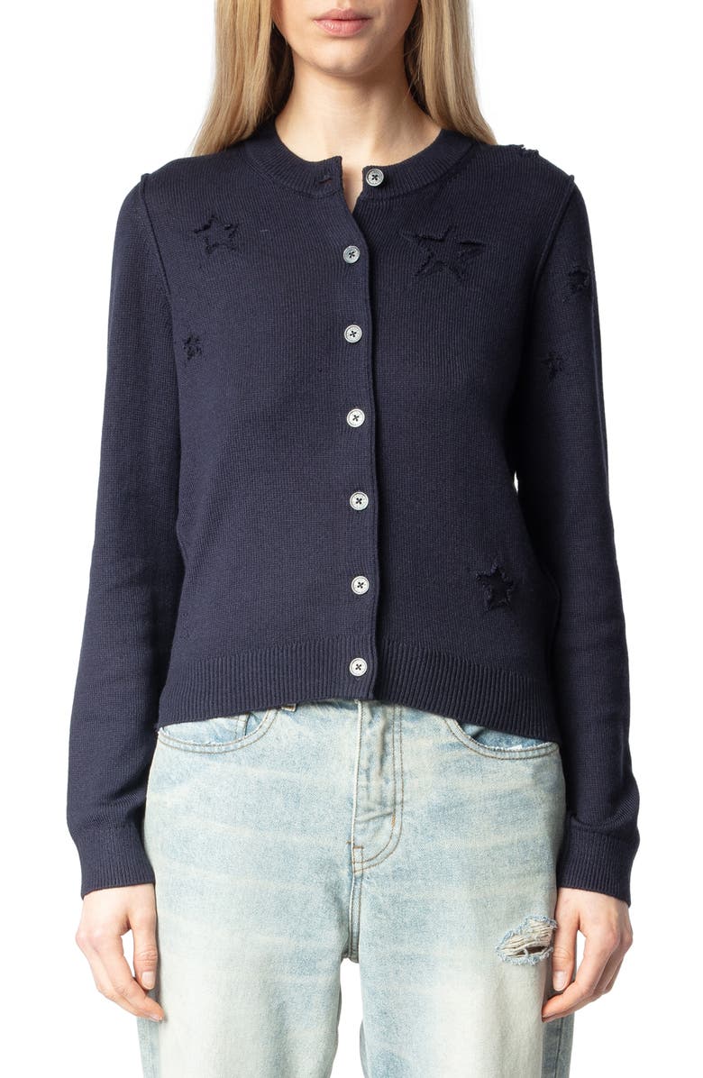 Zadig & Voltaire Alpha Star Intarsia Silk & Cashmere Cardigan, Main, color, 