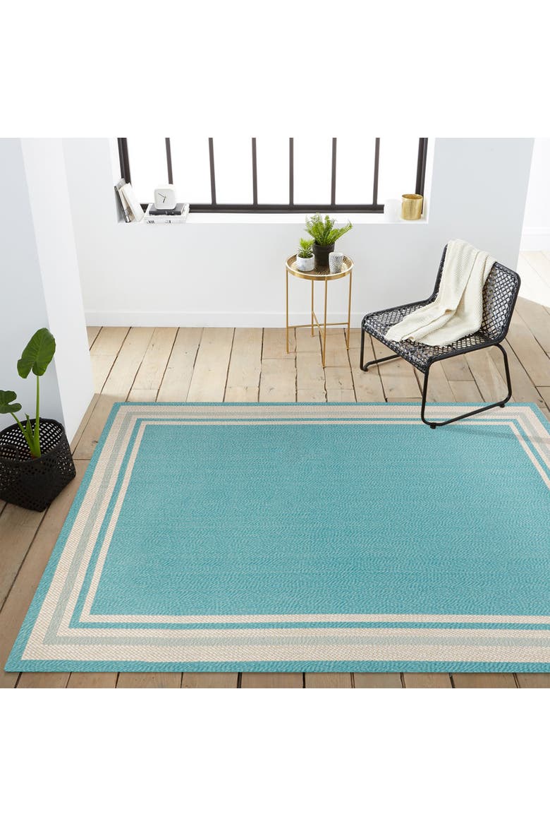 James Modern Border Stripe Indoor/Outdoor Area Rug, Alternate, color, Aqua/Beige