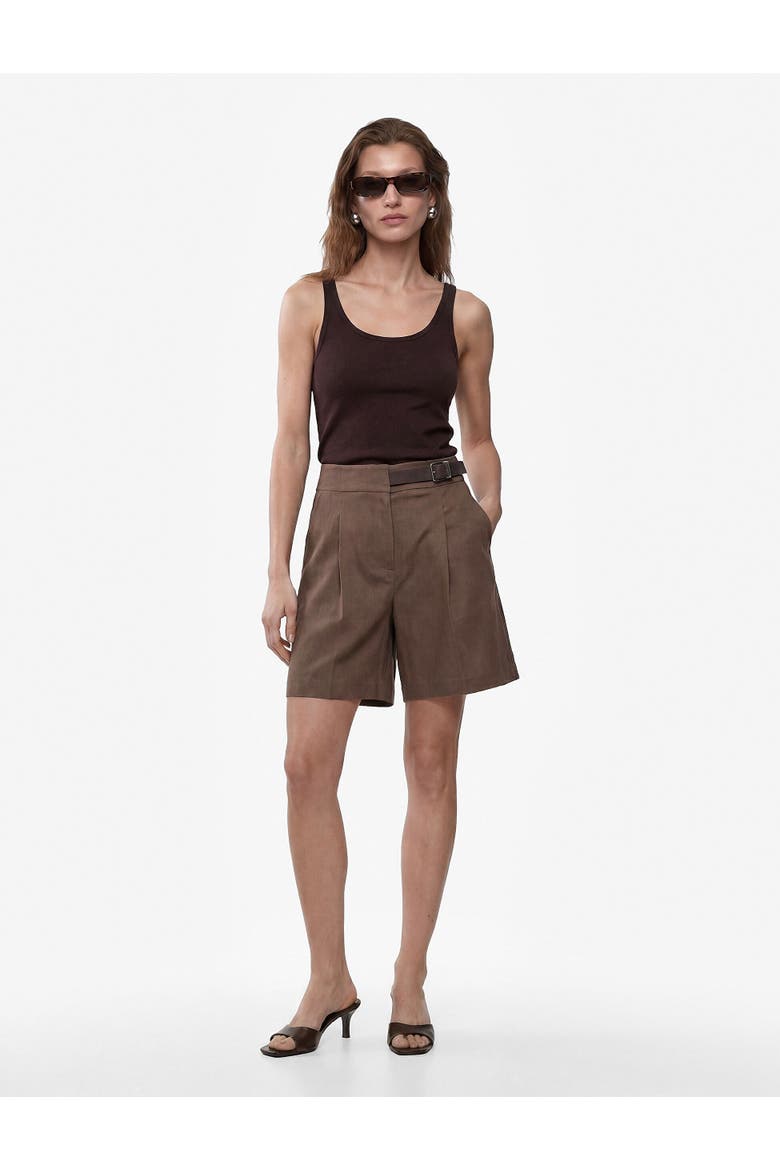 Pleated Linen Bermuda Shorts with Half Belted, Main, color, BROWN