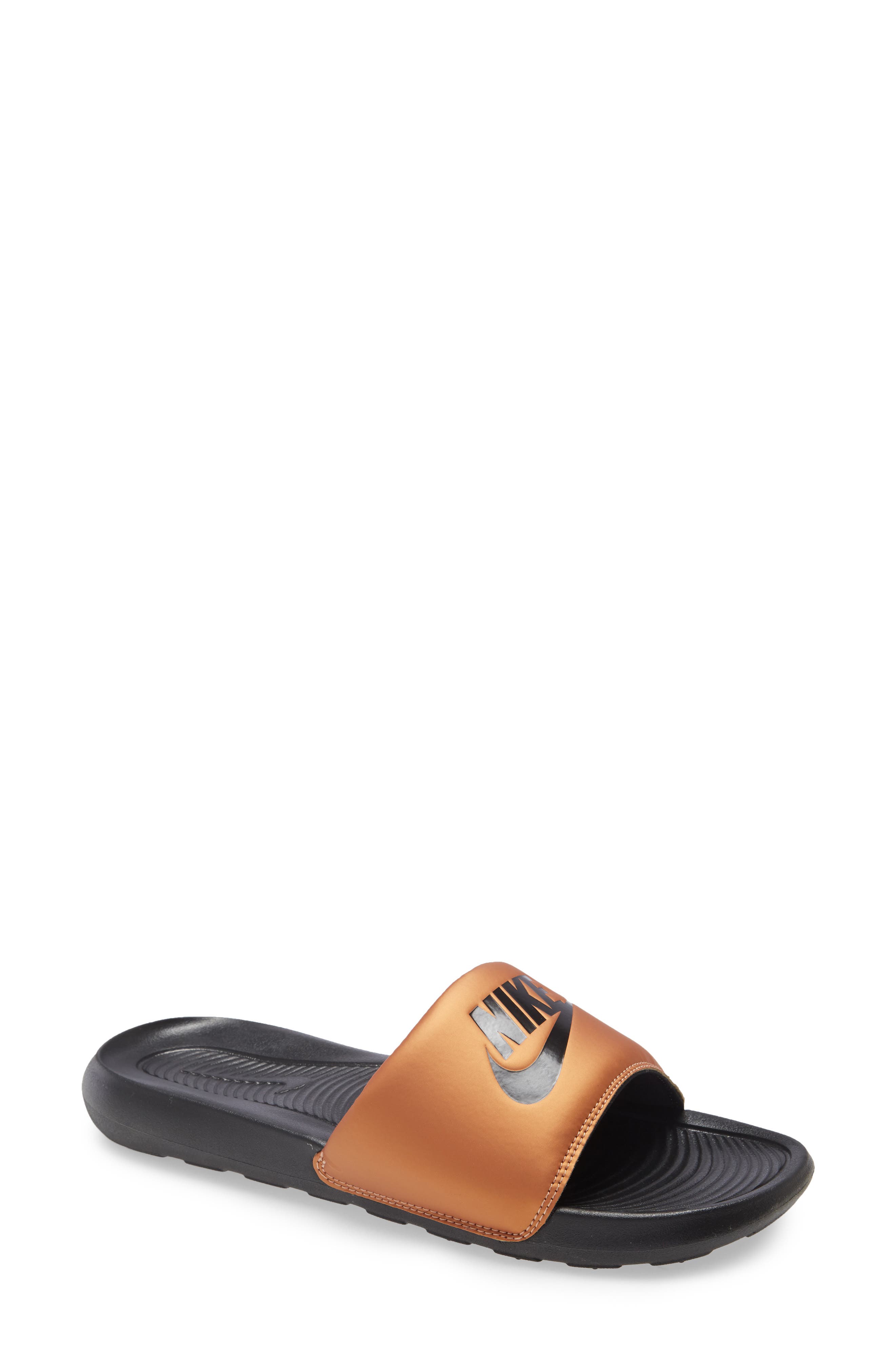 Victori Slide Sandal, Main, color, BLACK/ METALLIC COPPER