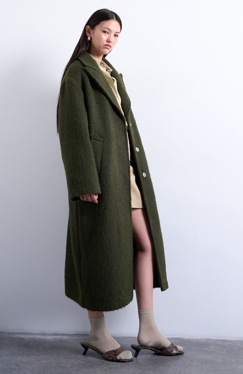 Topshop Single Breasted Longline Coat, Alternate, color, Khaki