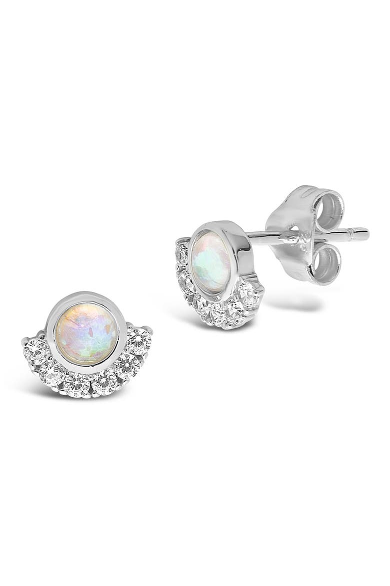 Half Halo Opal CZ Stud Earrings, Alternate, color, SILVER