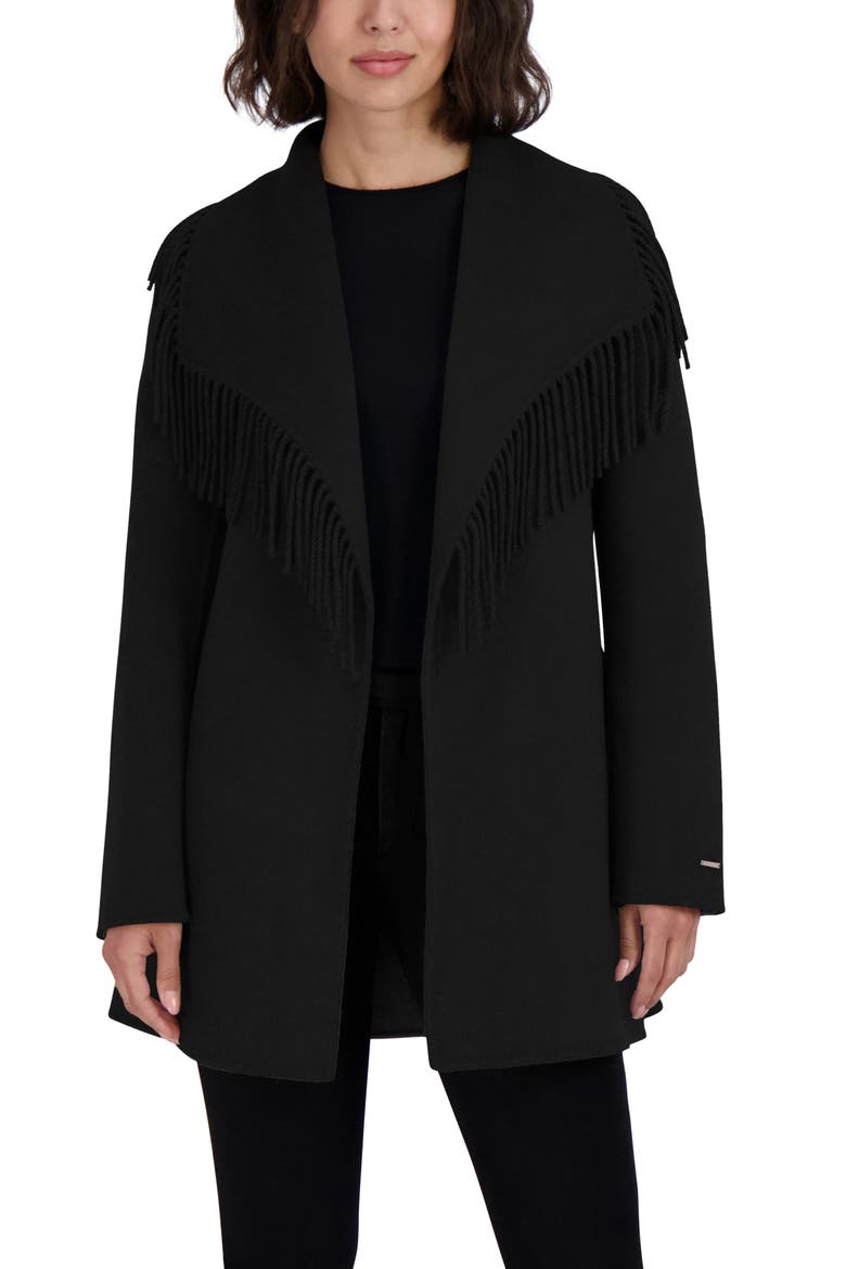 Frankie Fringe Collar Wool Blend Coat, Alternate, color, BLACK