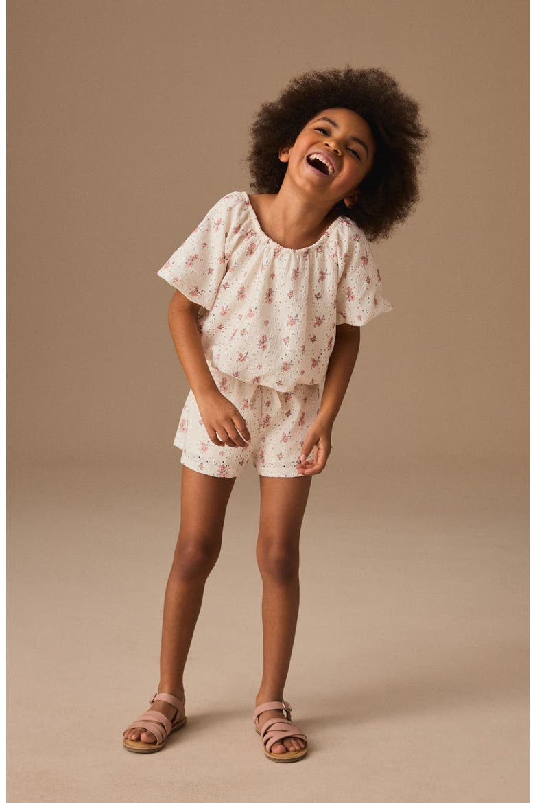 Kids' Ditsy Floral Cotton Puff Sleeve Top & Shorts Set, Alternate, color, NEUTRAL