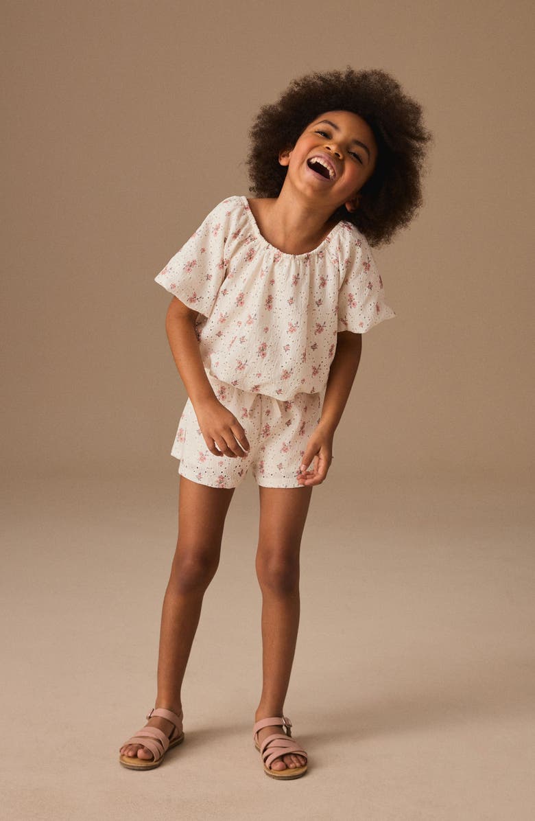 NEXT Kids' Ditsy Floral Cotton Puff Sleeve Top & Shorts Set, Alternate, color, Neutral