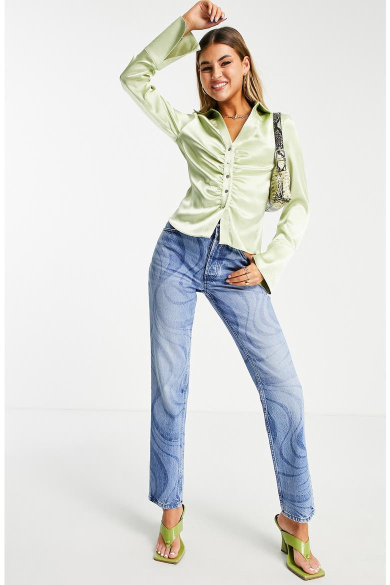 Ruched Satin Blouse, Alternate, color, MID GREEN