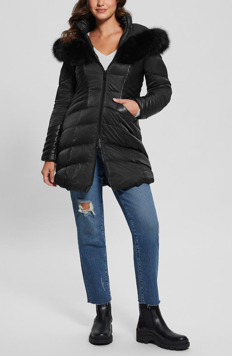 GUESS New Oxana Mixed Media Puffer Coat, Alternate, color, Black-Black