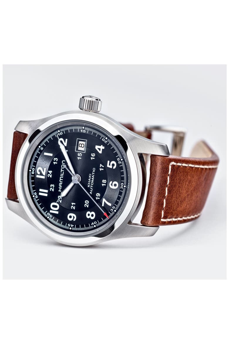 Khaki Field Automatic Leather Strap Watch, 42mm, Alternate, color, BROWN/ BLACK/ SILVER